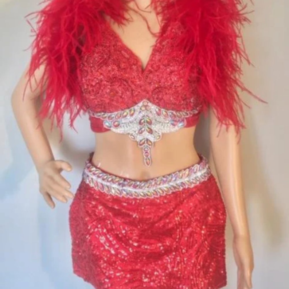 Red Custom Dance Costume with Feathers